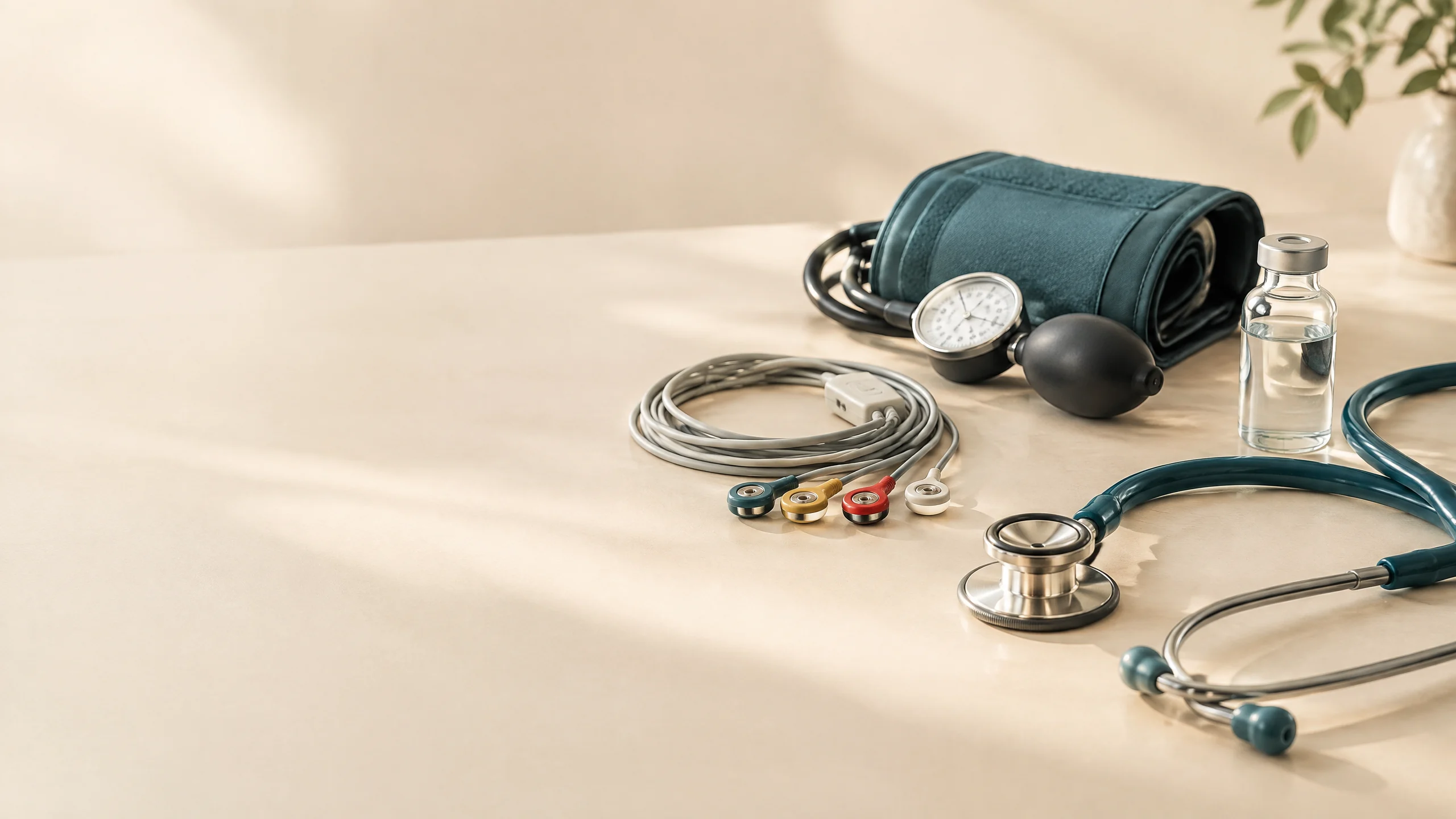 Blutdruckmanschette, Stethoskop und EKG Kabel auf einem hellen Behandlungstisch