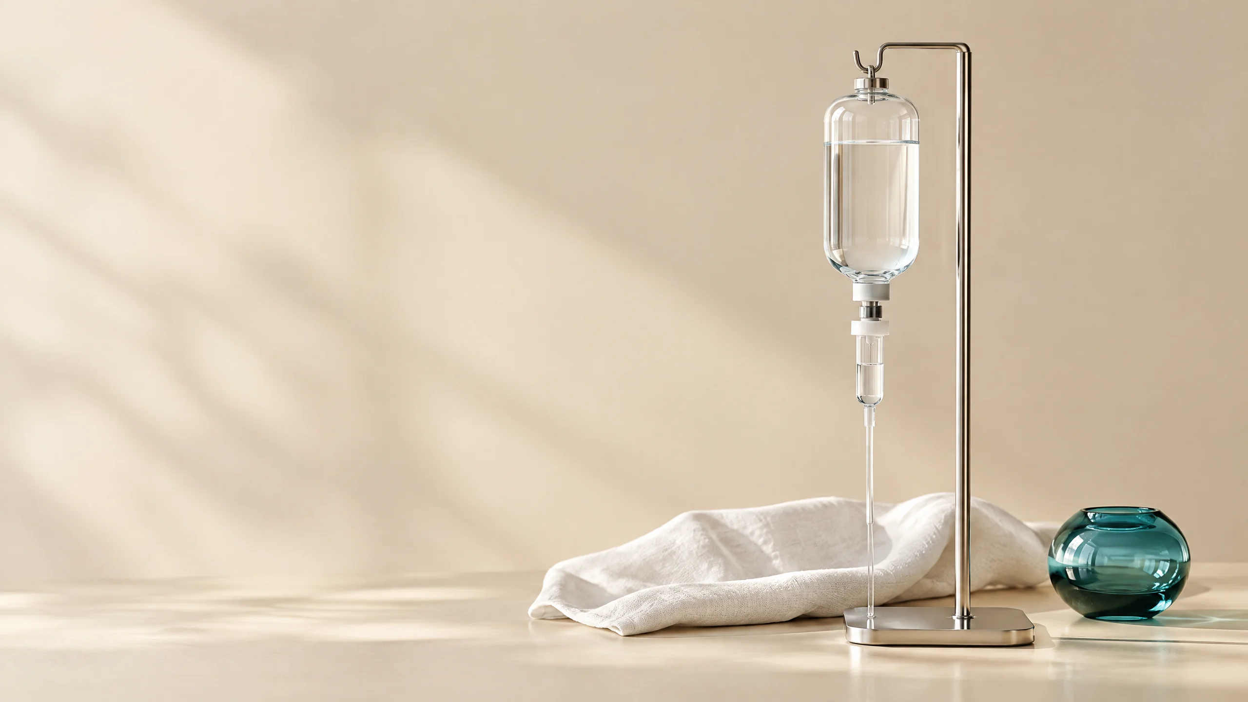 Infusionsflasche an einem Ständer in ruhiger Behandlungsumgebung